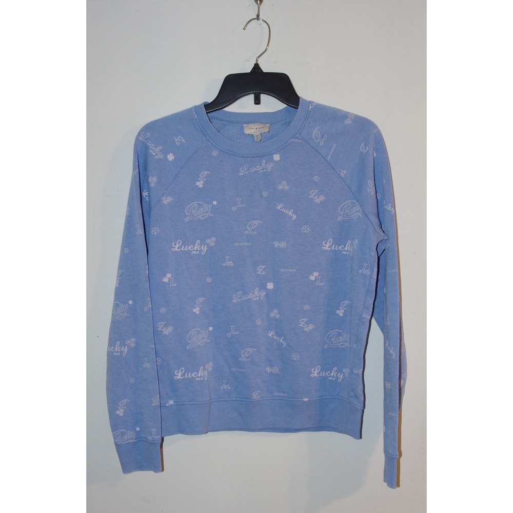 Lucky Brand AOP Logo Blue‎ Periwinkle Shamrock Sweatshirt S EUC